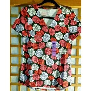 Jones NY Women's Floral Top V-Neck Short Sleeve Camellia Design New Tags Small